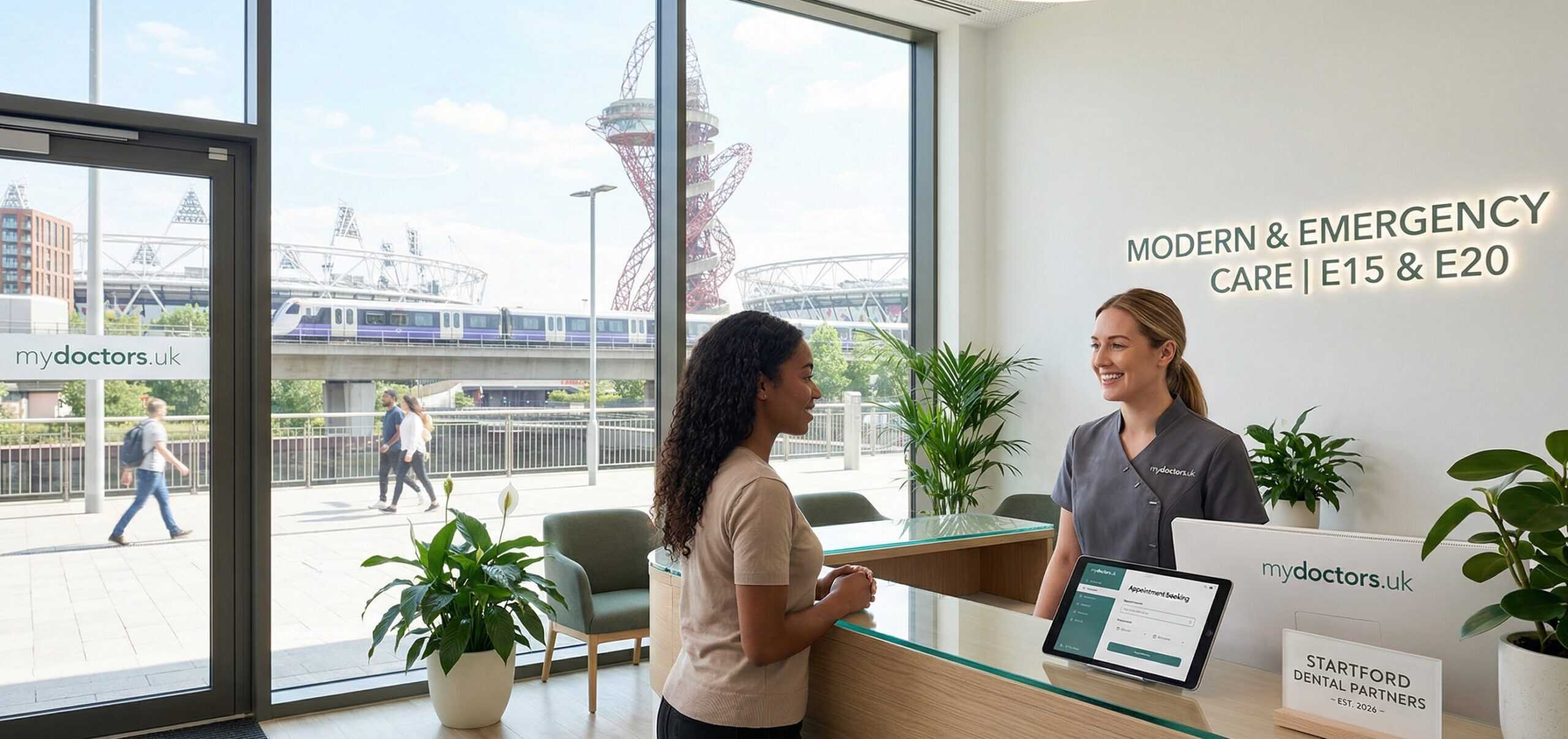 Best Dentists in Stratford, London: Modern dental clinic reception in Stratford E20, showing the Olympic Park in the background.